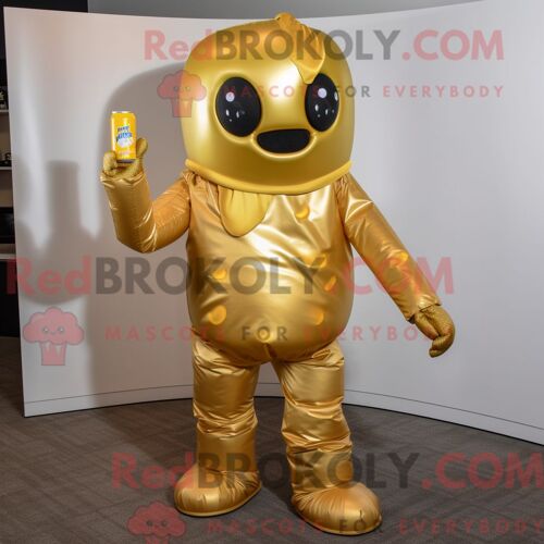 Personnage De Costume De Mascotte Redbrokoly De Canette De Soda Dorée Habillé D Un Jean Et D Une Écharpe