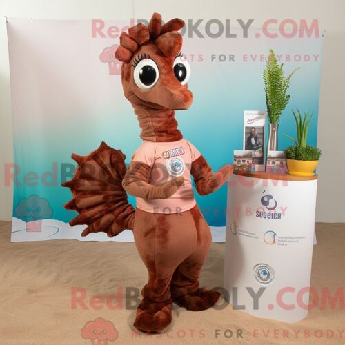 Costume De Mascotte Redbrokoly D Hippocampe Marron Habillé D Une Jupe Trapèze Et De Colliers