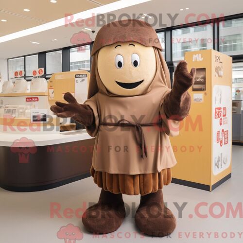 Costume De Mascotte Redbrokoly De Soupe Miso Marron Habillé D Un Manteau Et De Lacets De Chaussures