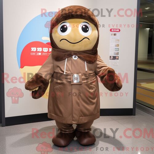 Costume De Mascotte Redbrokoly De Soupe Miso Marron Habillé D Un Manteau Et De Lacets De Chaussures