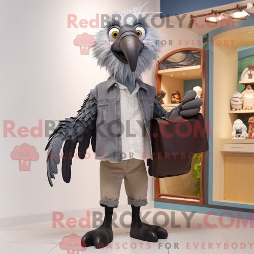 Costume De Mascotte Redbrokoly De Vautour Gris Habillé D Un Short En Jean Et De Portefeuilles