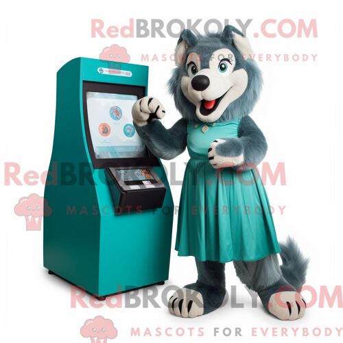Costume Mascotte Redbrokoly De Loup Sarcelle Habillé D Une Robe De Bal Et De Portefeuilles