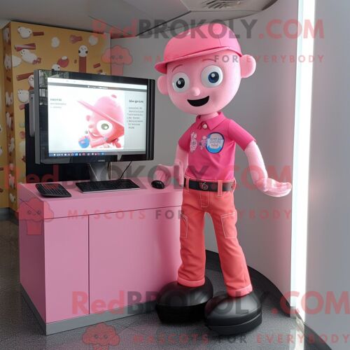 Personnage De Costume De Mascotte Redbrokoly D Ordinateur Rose Habillé Avec Un Jean Bootcut Et Des Montres Bracelet