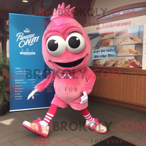 Personnage De Costume De Mascotte Redbrokoly De Fish And Chips Rose Habillé Avec Un Rash Guard Et Des Pinces À Chaussures