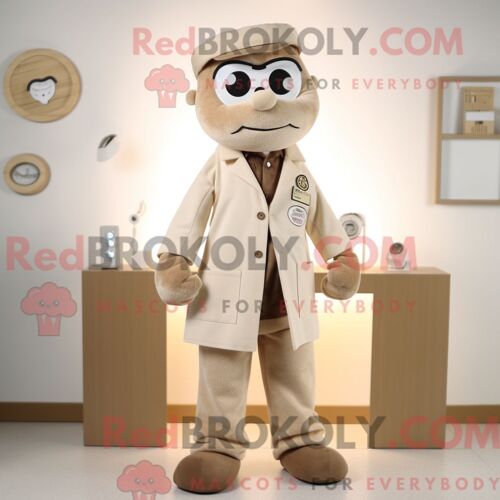 Costume De Mascotte Redbrokoly De Docteur Beige Personnage Habillé D Un Pantalon En Velours Côtelé Et D Épinglettes