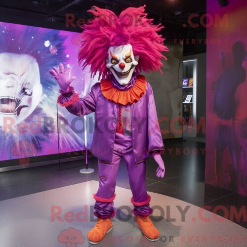 Costume De Mascotte Redbrokoly De Clown Maléfique Magenta Habillé Avec Un Jean Skinny Et Des Pinces À Cheveux