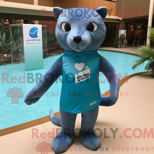 Costume Mascotte Redbrokoly De Jaguarundi Bleu Personnage Habillé D Un Maillot De Bain Et De Pochettes De Costume