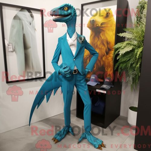 Costume De Mascotte Redbrokoly Cyan Utahraptor Habillé D Un Pantalon Habillé Et De Broches