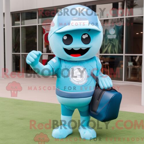 Mascotte Redbrokoly De Casque De Football Américain Bleu Ciel Personnage Habillé Avec Un Débardeur Et Des Sacs Fourre-Tout