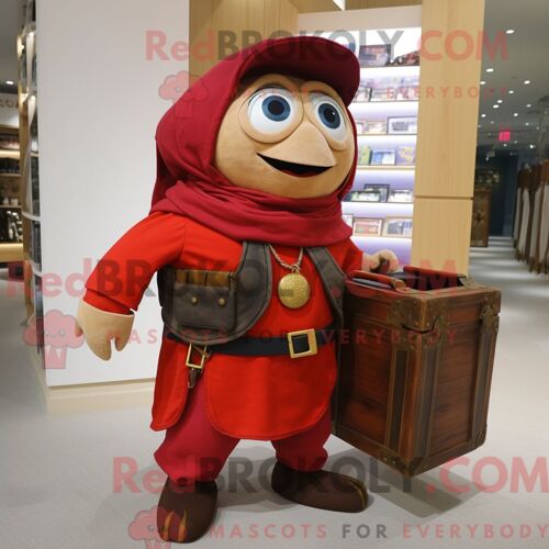 Personnage De Costume De Mascotte Redbrokoly De Coffre Au Trésor Rouge Habillé D Un Pantalon En Velours Côtelé Et De Sacs Messager