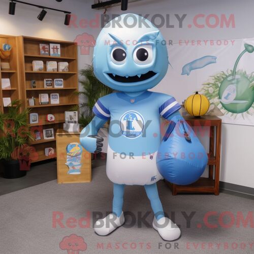Mascotte Redbrokoly De Casque De Football Américain Bleu Ciel Personnage Habillé Avec Un Débardeur Et Des Sacs Fourre-Tout