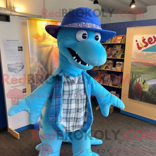 Costume De Mascotte Redbrokoly De Monstre Du Loch Ness Bleu Ciel Habillé Avec Une Combishort Et Des Épingles À Chapeau
