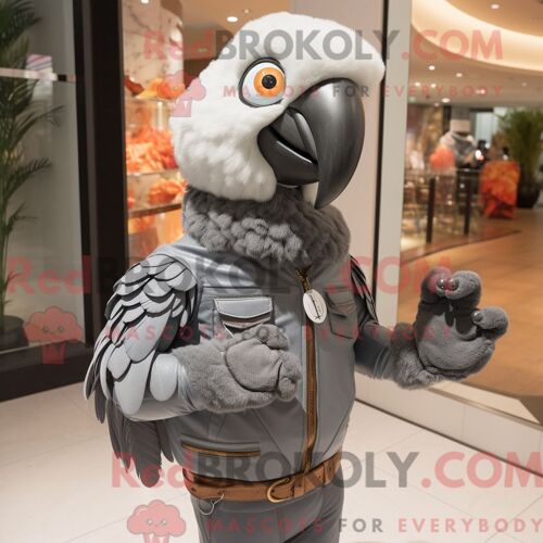 Costume Mascotte Redbrokoly De Perroquet Gris Habillé D Une Veste En Cuir Et De Mitaines