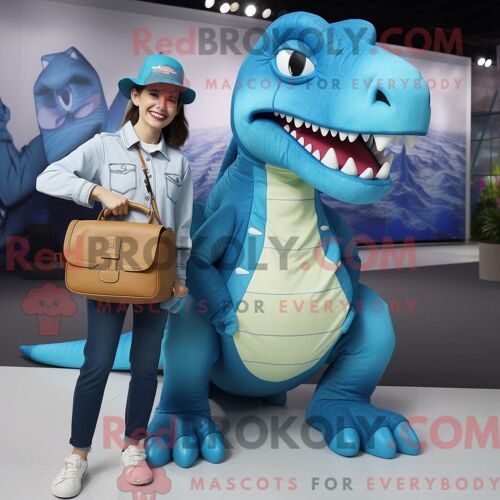 Costume De Mascotte Redbrokoly De Tyrannosaure Cyan Personnage Habillé Avec Un Jean Maman Et Des Sacs Messager