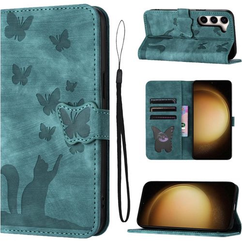 Housse Protection pour Samsung Galaxy S23 Plus/Galaxy S23+ Matériau en Cuir PU Coque Samsung S23 Plus avec Fentes pour Cartes Étui Motif Papillon Chat Coque S23 Plus Vert