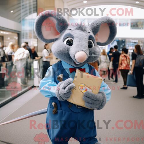 Costume De Mascotte Redbrokoly De Rat Bleu Habillé D Une Chemise Oxford Et De Sacs À Main