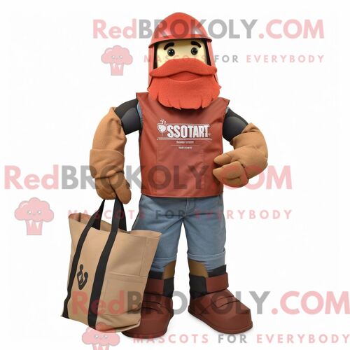 Personnage De Costume De Mascotte Redbrokoly Rust Spartan Soldier Habillé Avec Un Jean Bootcut Et Des Sacs Fourre-Tout