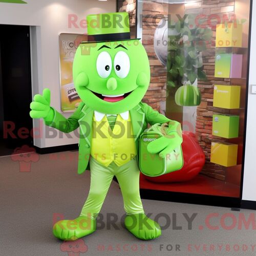 Personnage De Costume De Mascotte Redbrokoly De Boîte De Bonbons Vert Citron Habillé Avec Un Gilet Et Des Portefeuilles