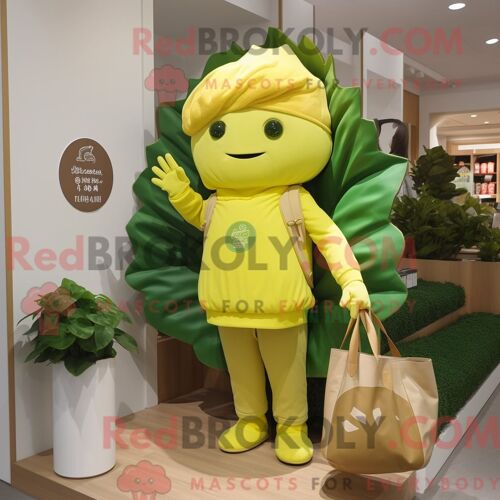 Personnage De Costume De Mascotte Redbrokoly De Feuille De Chou Jaune Habillé Avec Un Polo Et Des Sacs Fourre-Tout