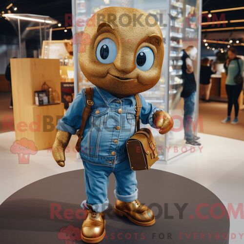 Personnage De Costume De Mascotte Redbrokoly De Chocolats Dorés Habillé Avec Une Chemise En Jean Et Des Sacs À Dos