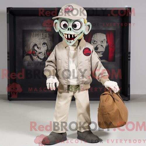 Costume De Mascotte Redbrokoly De Zombie Beige Habillé D Un Blouson Aviateur Et De Sacs Fourre-Tout