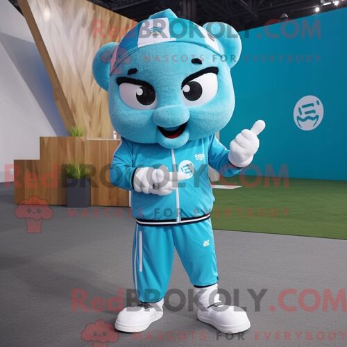 Personnage Mascotte Redbrokoly De Cyan Ice Habillé Avec Un Pantalon De Jogging Et Des Bracelets