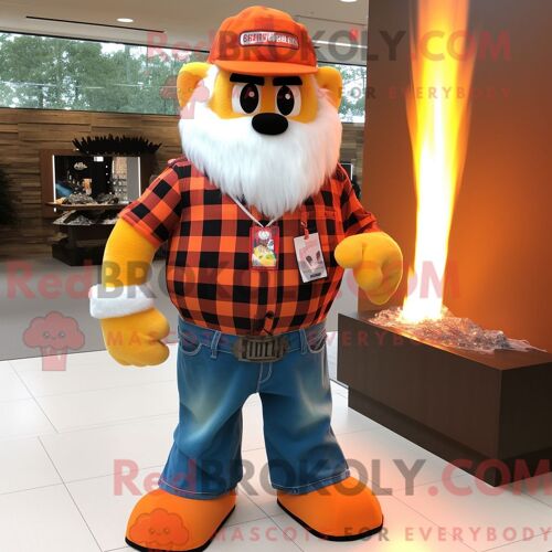 Costume De Mascotte Redbrokoly De Cracheur De Feu Orange Habillé D Une Chemise En Flanelle Et De Colliers