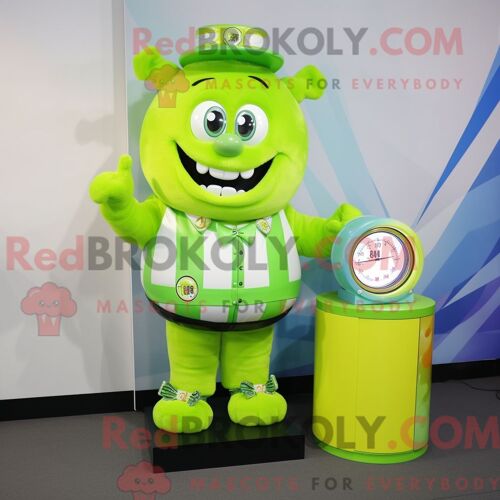 Personnage De Costume De Mascotte Redbrokoly De Boîte À Bonbons Vert Citron Habillé Avec Un Gilet Et Des Montres