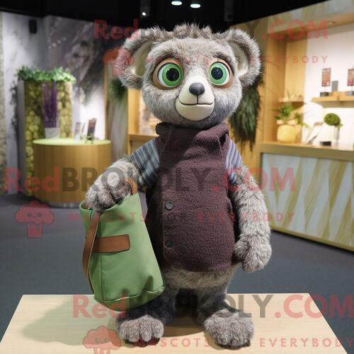 Costume De Mascotte Redbrokoly De Lémurien Olive Habillé D Un Pull Et De Sacs À Main