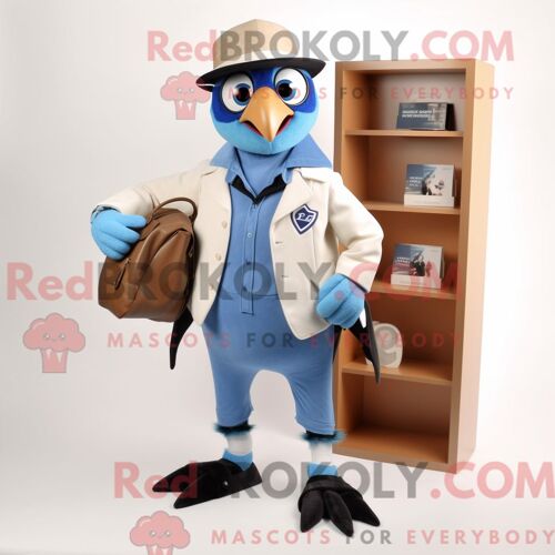 Costume De Mascotte Redbrokoly De Geai Bleu Crème Personnage Habillé D Un Manteau Et De Portefeuilles