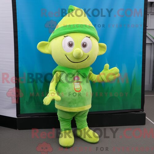 Costume De Mascotte Redbrokoly D Elfe Vert Citron Habillé D Un Pantalon Et De Bonnets En Velours Côtelé