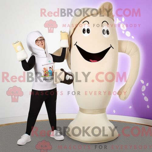 Personnage Mascotte Redbrokoly De Bouteille De Lait Beige Habillé Avec Un Pantalon Et Des Gants De Yoga