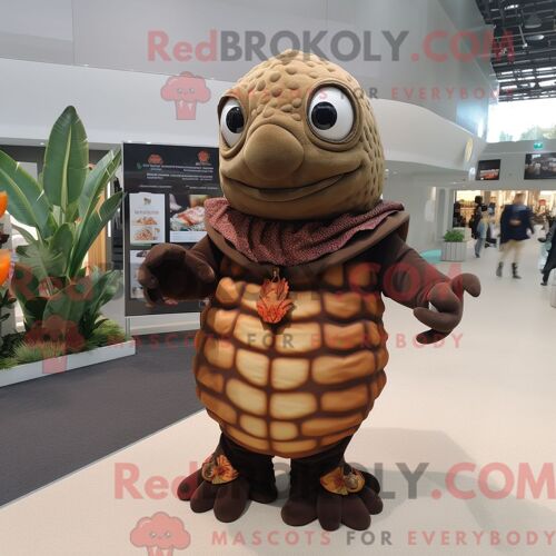 Mascotte Redbrokoly De Personnage Marron Mango Habillé Avec Un Col Roulé Et Des Broches