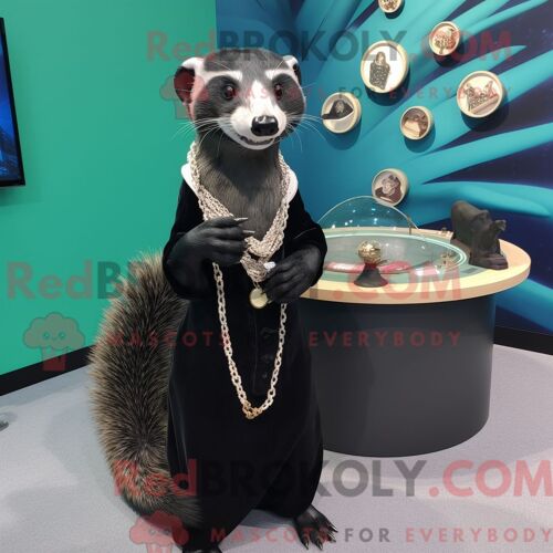 Costume Mascotte Redbrokoly De Furet Noir Personnage Habillé D Une Robe Longue Et De Boutons De Manchette