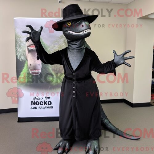 Costume De Mascotte Redbrokoly D Allosaure Noir Personnage Habillé D Une Robe Longue Et D Épingles À Chapeau