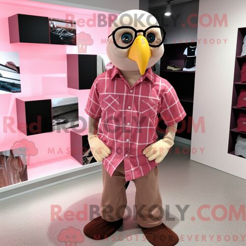 Costume De Mascotte Redbrokoly De Pygargue À Tête Blanche Rose Habillé D Une Chemise Oxford Et De Lunettes