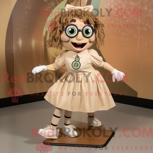 Costume De Mascotte Redbrokoly De Chaussures De Danse Irlandaises Beiges Habillé D Une Robe Trapèze Et De Lunettes