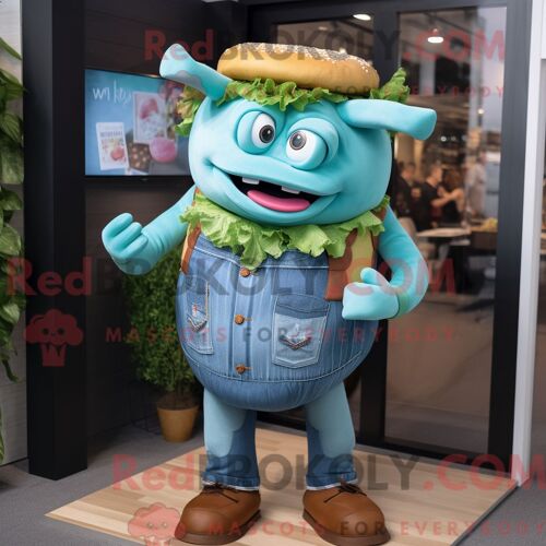 Personnage De Costume De Mascotte Redbrokoly De Sandwich Au Porc Effiloché Cyan Habillé Avec Un Jean Bootcut Et Des Montres Intelligentes