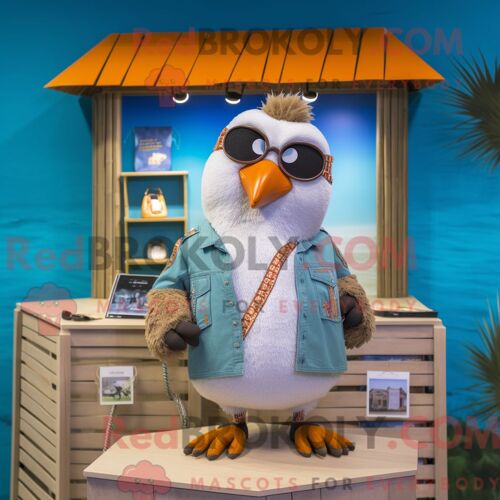 Costume De Mascotte Redbrokoly De Pigeon Beige Habillé D Un Maillot De Bain Et De Porte-Clés
