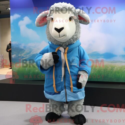 Costume De Mascotte Redbrokoly De Mouton Suffolk Bleu Ciel Personnage Habillé Avec Un Coupe-Vent Et Des Clips Pour Écharpe