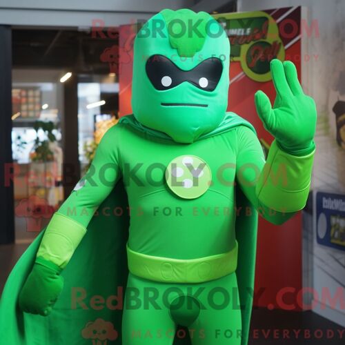 Mascotte Redbrokoly De Super-Héros Vert Costume De Personnage Habillé Avec Une Robe Et Des Gants