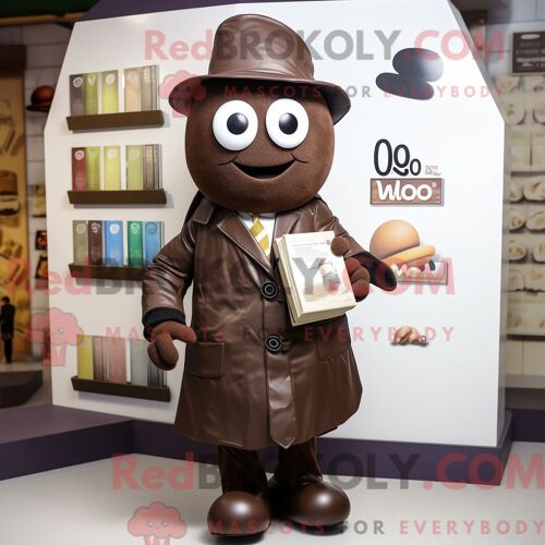 Personnage De Costume De Mascotte Redbrokoly De Barre De Chocolat Olive Habillé Avec Un Manteau Et Des Portefeuilles