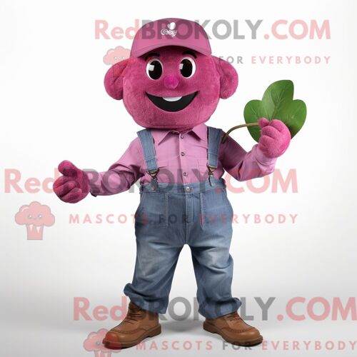 Personnage De Costume De Mascotte Redbrokoly De Raisin Rose Habillé Avec Une Chemise En Jean Et Des Ceintures