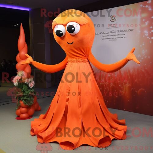 Costume Mascotte Redbrokoly De Poulpe Orange Habillé D Une Robe De Soirée Et De Pinces À Chaussures