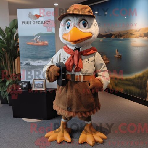 Costume De Mascotte Redbrokoly De Mouette Rouille Habillé D Un Pantalon En Velours Côtelé Et De Broches