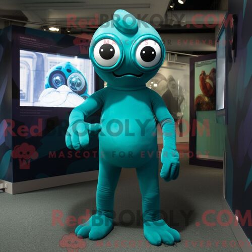 Costume Mascotte Redbrokoly De Cyclope Bleu Sarcelle Habillé D Une Combishort Et De Gants