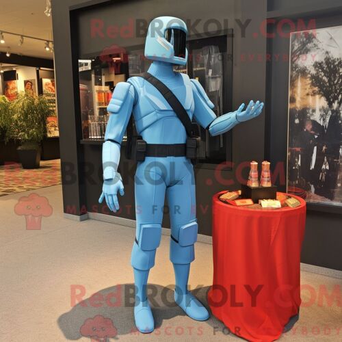 Costume De Mascotte Redbrokoly Gi Joe Bleu Ciel Habillé Avec Une Robe De Cocktail Et Des Sacs Fourre-Tout