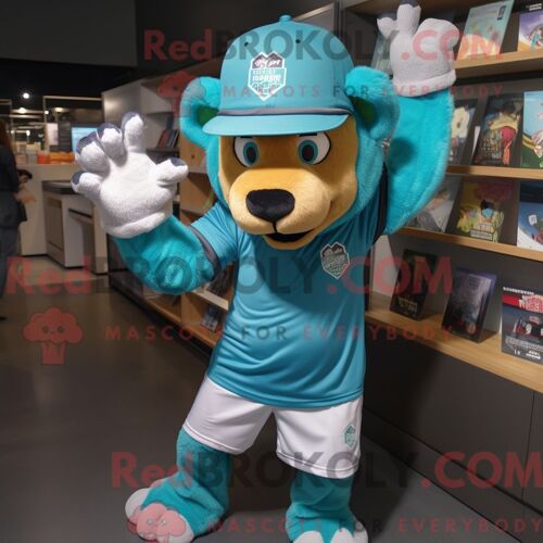 Costume De Mascotte Redbrokoly De Lion Bleu Sarcelle Habillé Avec Un T-Shirt Graphique Et Des Casquettes