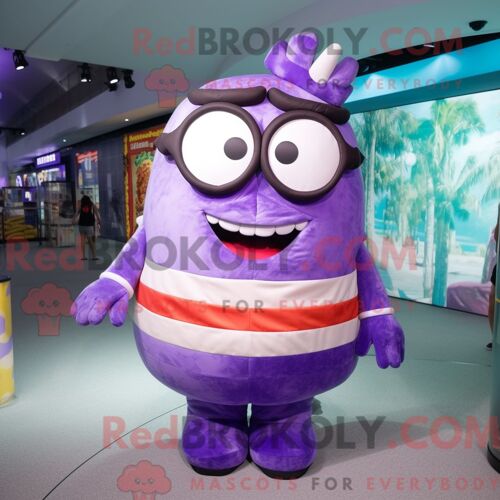 Costume Mascotte Redbrokoly De Hamburger Violet Habillé D Un Débardeur Et De Lunettes