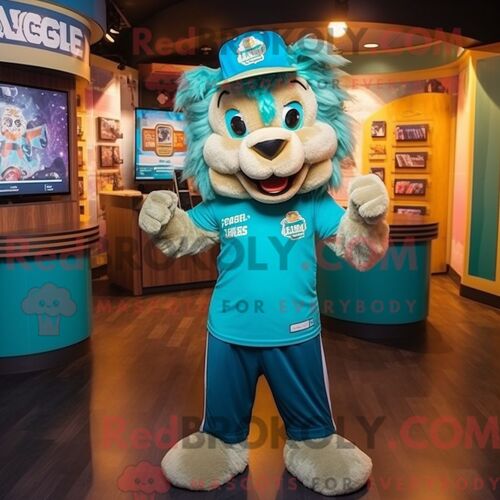 Costume De Mascotte Redbrokoly De Lion Bleu Sarcelle Habillé Avec Un T-Shirt Graphique Et Des Casquettes